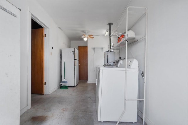 laundry room with water heater, ceiling fan, and washer and dryer