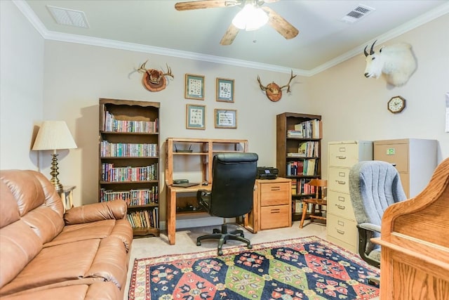 office with light carpet, visible vents, and crown molding