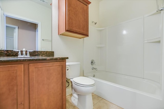 full bathroom with vanity, bathing tub / shower combination, tile patterned flooring, and toilet