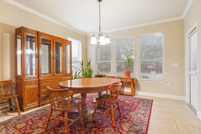 dining space with light tile patterned floors, baseboards, a chandelier, and crown molding