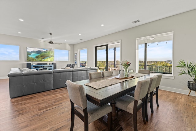 dining room with ceiling fan, a wealth of natural light, and hardwood / wood-style floors