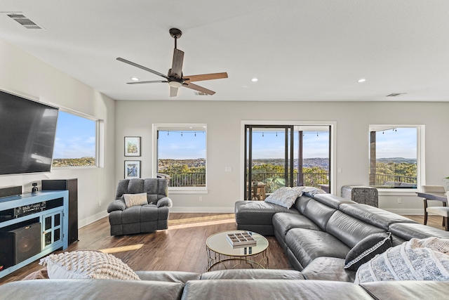 living room with ceiling fan and wood-type flooring