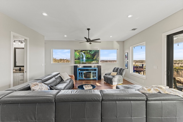 living room with ceiling fan and wood-type flooring