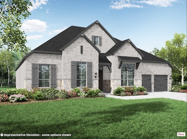 french country inspired facade with a front lawn and a garage