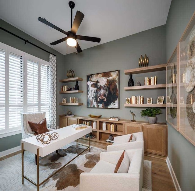 office featuring ceiling fan and wood-type flooring