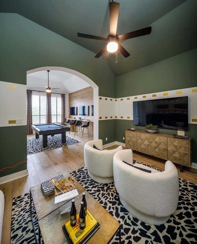 living room with lofted ceiling, ceiling fan, pool table, and hardwood / wood-style floors