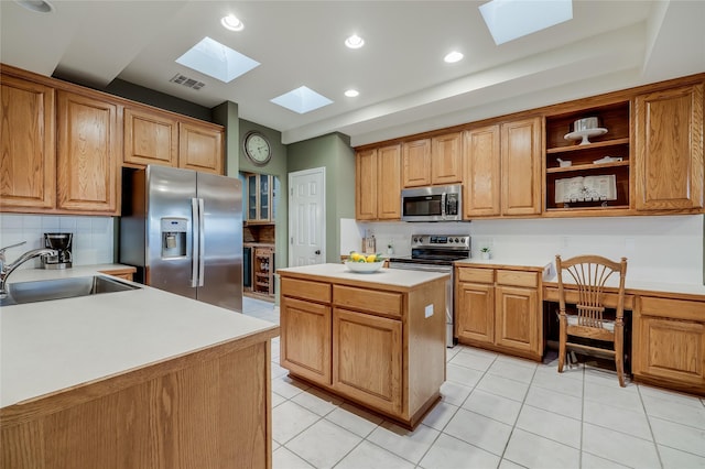 kitchen with a kitchen island, decorative backsplash, sink, a skylight, and stainless steel appliances