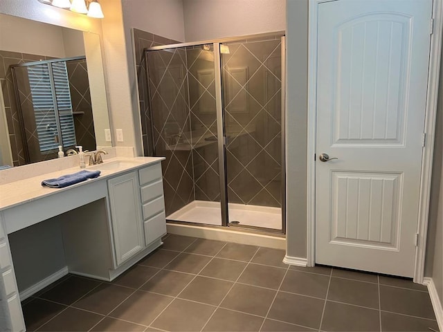 bathroom featuring tile patterned floors, an enclosed shower, and vanity