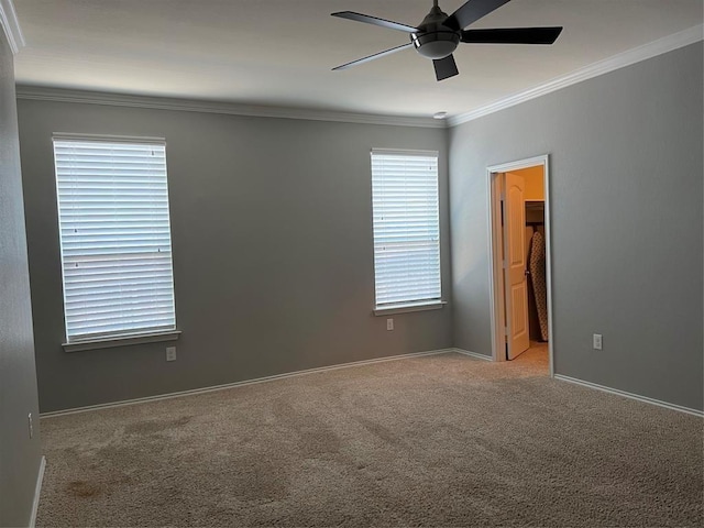 unfurnished room featuring ceiling fan, light colored carpet, and ornamental molding