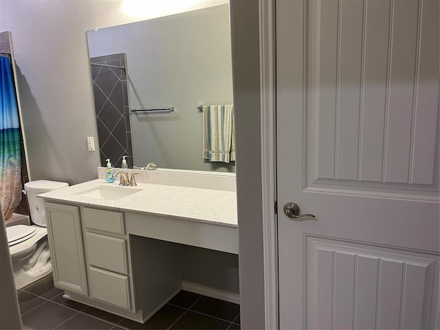 full bathroom featuring toilet, shower / bath combination with curtain, tile patterned floors, and vanity