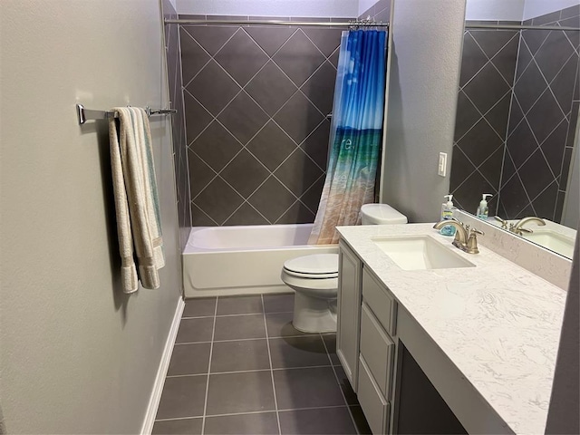 full bathroom with toilet, vanity, tile patterned flooring, and shower / bath combination with curtain