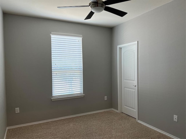 empty room featuring ceiling fan and carpet