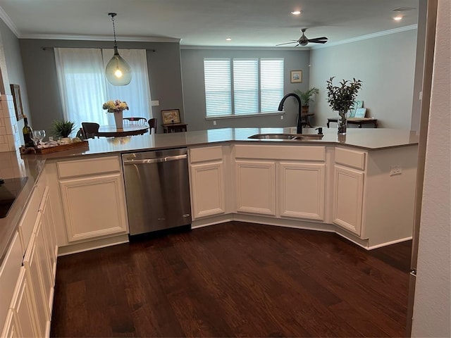 kitchen with ceiling fan, white cabinetry, dishwasher, and sink