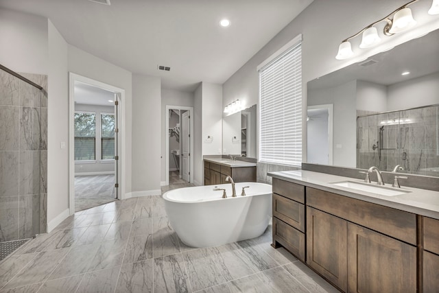 bathroom with separate shower and tub and vanity