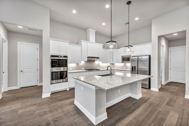 kitchen with an island with sink, white cabinets, sink, and stainless steel appliances