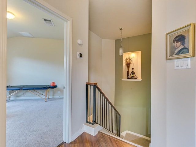 stairs featuring carpet flooring