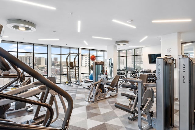 gym with floor to ceiling windows and a healthy amount of sunlight