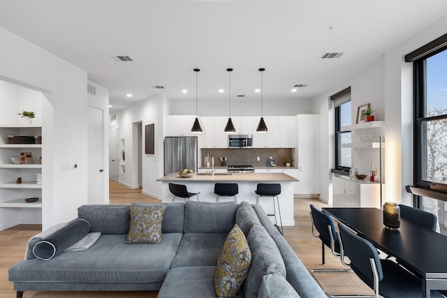 living room featuring light hardwood / wood-style flooring and sink