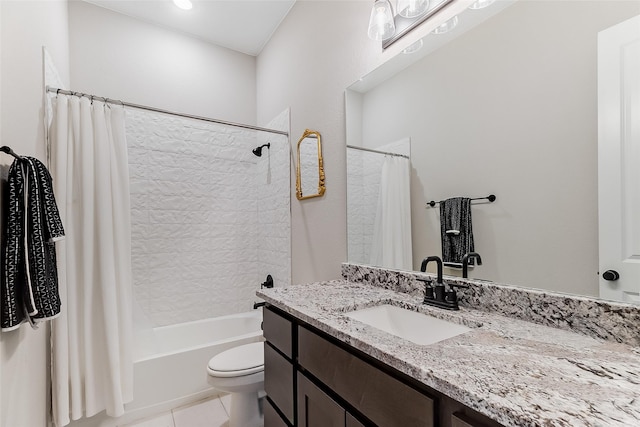 full bathroom featuring vanity, toilet, tile patterned floors, and shower / bathtub combination with curtain