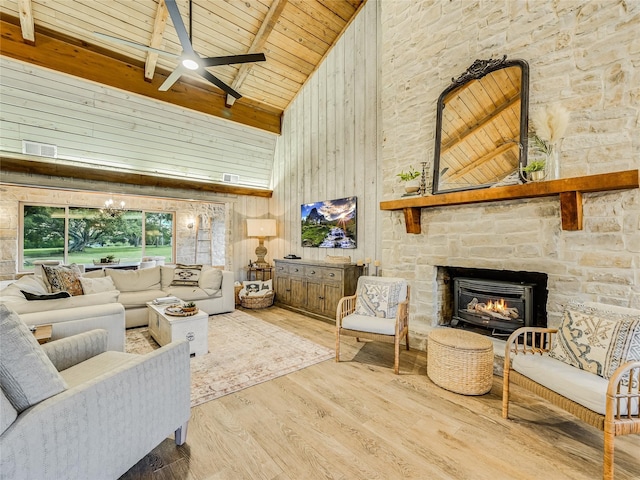 living room featuring hardwood / wood-style flooring, wooden walls, wooden ceiling, high vaulted ceiling, and beam ceiling