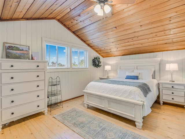 bedroom with ceiling fan, wooden ceiling, vaulted ceiling, and light hardwood / wood-style floors