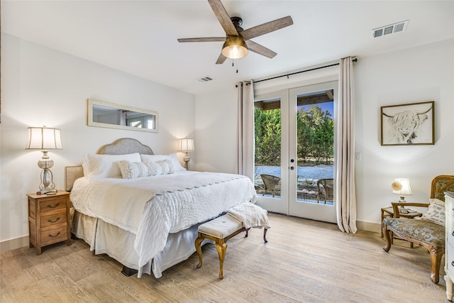 bedroom featuring access to outside, light hardwood / wood-style flooring, french doors, and ceiling fan