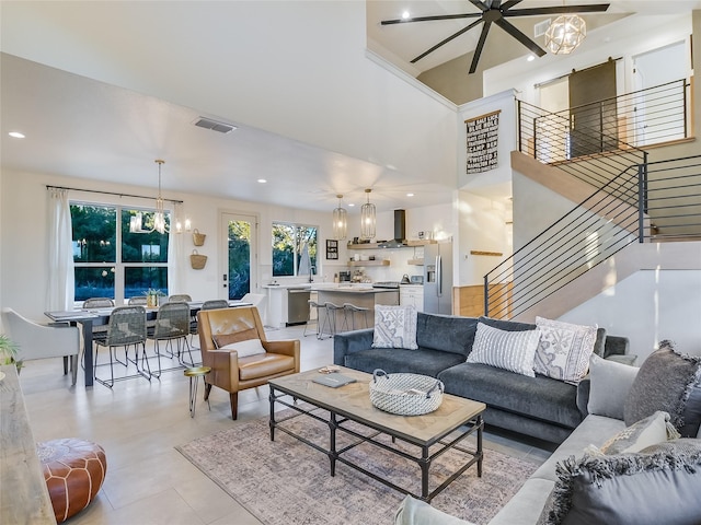 living room with a chandelier