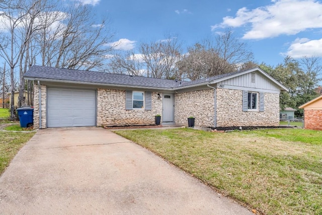 ranch-style house featuring a garage, concrete driveway, stone siding, board and batten siding, and a front yard