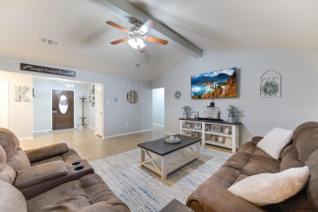 living room featuring ceiling fan, light tile patterned floors, and lofted ceiling with beams