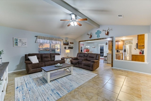 190 Margies Way, Bastrop, TX 78602 - living room featuring a ceiling fan, light tile patterned flooring, and baseboards