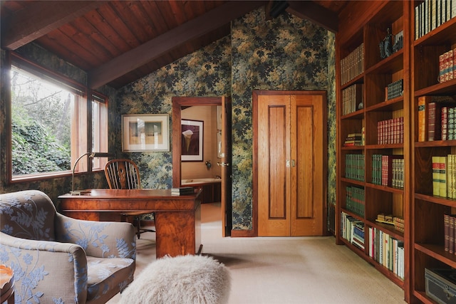 home office featuring carpet, wood ceiling, and beamed ceiling