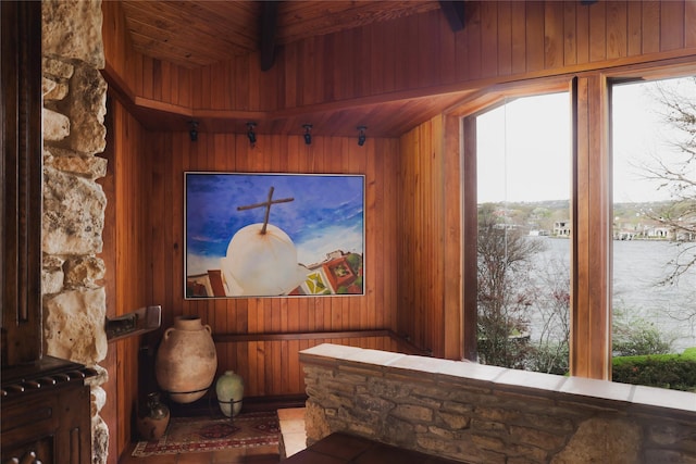 interior space featuring wooden ceiling and wooden walls