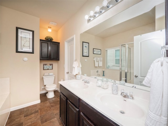 full bathroom with toilet, vanity, and plus walk in shower