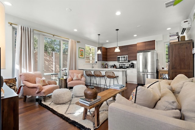 living room featuring sink and dark hardwood / wood-style flooring