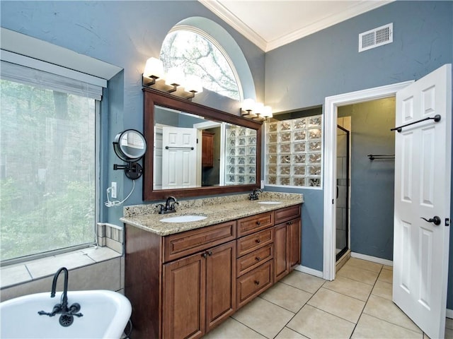 bathroom featuring vanity, crown molding, tile patterned floors, and plus walk in shower