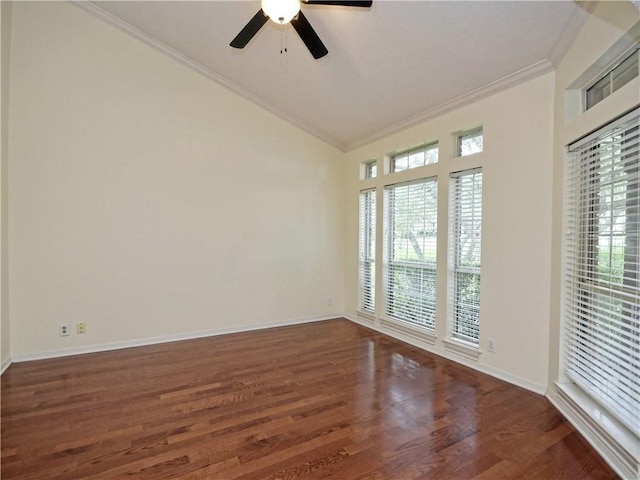 spare room with ceiling fan, dark hardwood / wood-style flooring, and ornamental molding