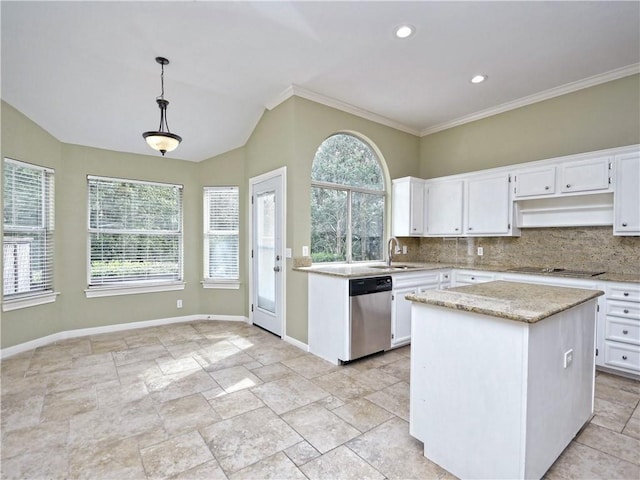 kitchen featuring white cabinets, dishwasher, a kitchen island, and hanging light fixtures