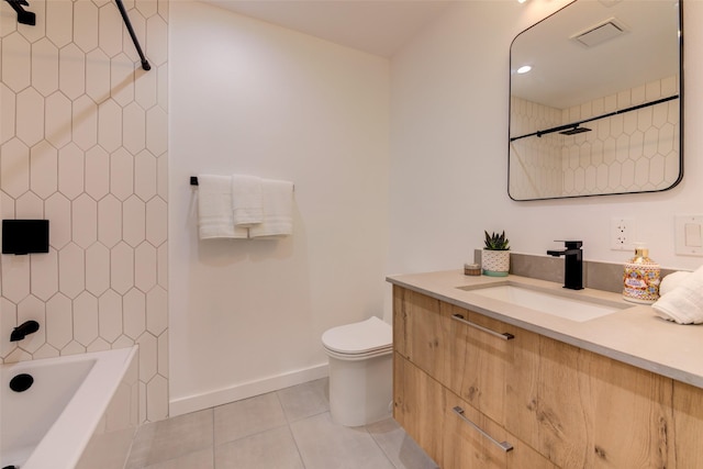 full bathroom with toilet, tiled shower / bath, tile patterned floors, and vanity