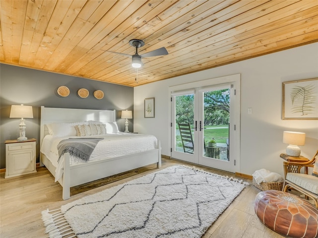 bedroom featuring ceiling fan, french doors, access to outside, and wood ceiling