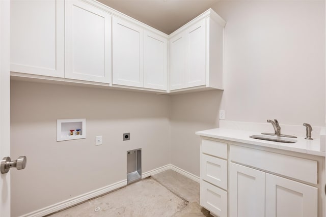 washroom with washer hookup, cabinets, sink, and electric dryer hookup