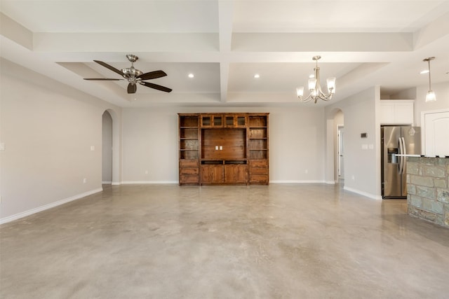 unfurnished living room featuring ceiling fan with notable chandelier, beam ceiling, and coffered ceiling