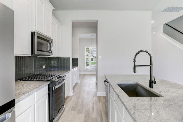 kitchen with white cabinets, appliances with stainless steel finishes, sink, backsplash, and light stone counters