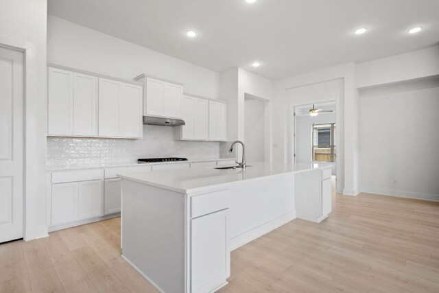 295 Five Mile Creek Way, Kyle, TX 78640 - kitchen featuring under cabinet range hood, decorative backsplash, light countertops, a center island with sink, and light wood-style floors