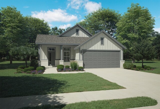 212 Hidalgo Ln, Elgin, TX 78621 - view of front of property featuring a shingled roof, board and batten siding, an attached garage, a front lawn, and concrete driveway