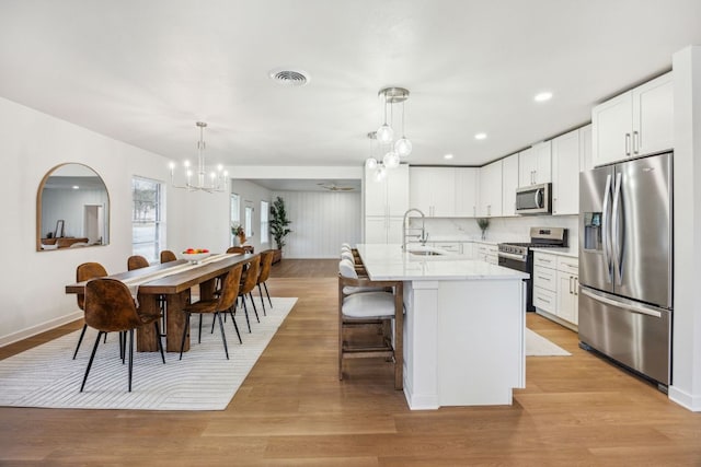 kitchen featuring visible vents, appliances with stainless steel finishes, light wood-type flooring, a sink, and white cabinets