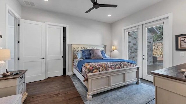 bedroom featuring french doors, ceiling fan, access to exterior, and dark hardwood / wood-style flooring