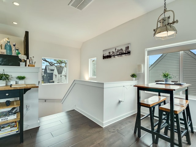 dining space featuring vaulted ceiling, a wealth of natural light, and dark hardwood / wood-style flooring