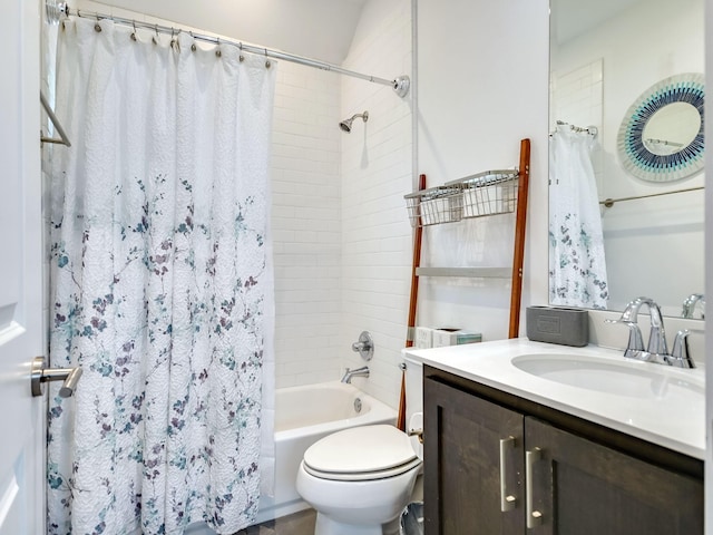 full bathroom featuring toilet, vanity, and shower / bathtub combination with curtain