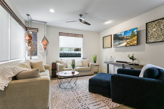 living room featuring ceiling fan