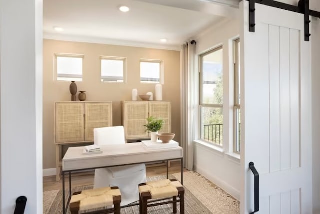 6204 Bower Well Rd, Austin, TX 78738 - office space featuring a barn door, plenty of natural light, wood finished floors, baseboards, and recessed lighting